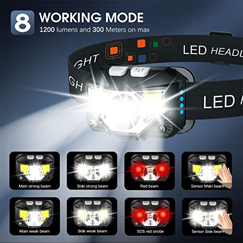 LHKNL Headlamp Flashlight, 1200 Lumen Ultra-Light Bright LED Rechargeable Headlight with White Red Light,2-Pack Waterproof Motion Sensor Head Lamp,8 Modes for Outdoor Camping Running Cycling Fishing